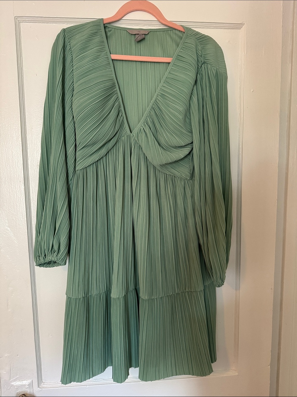 H&M Pleated Sage Green Long Sleeve V-Neck Dress